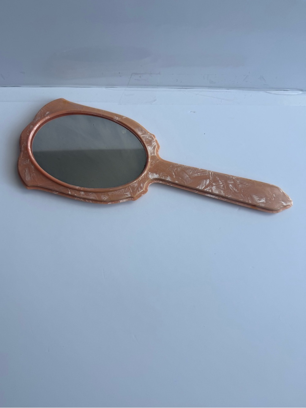 Vintage Bakelite Marbled Celluloid Rose Peach Art Deco Hand Vanity Mirror 12”